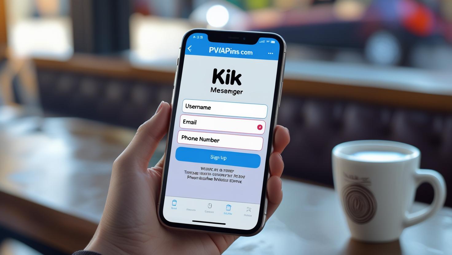 Kik Messenger sign-up screen showing phone number input field on a smartphone