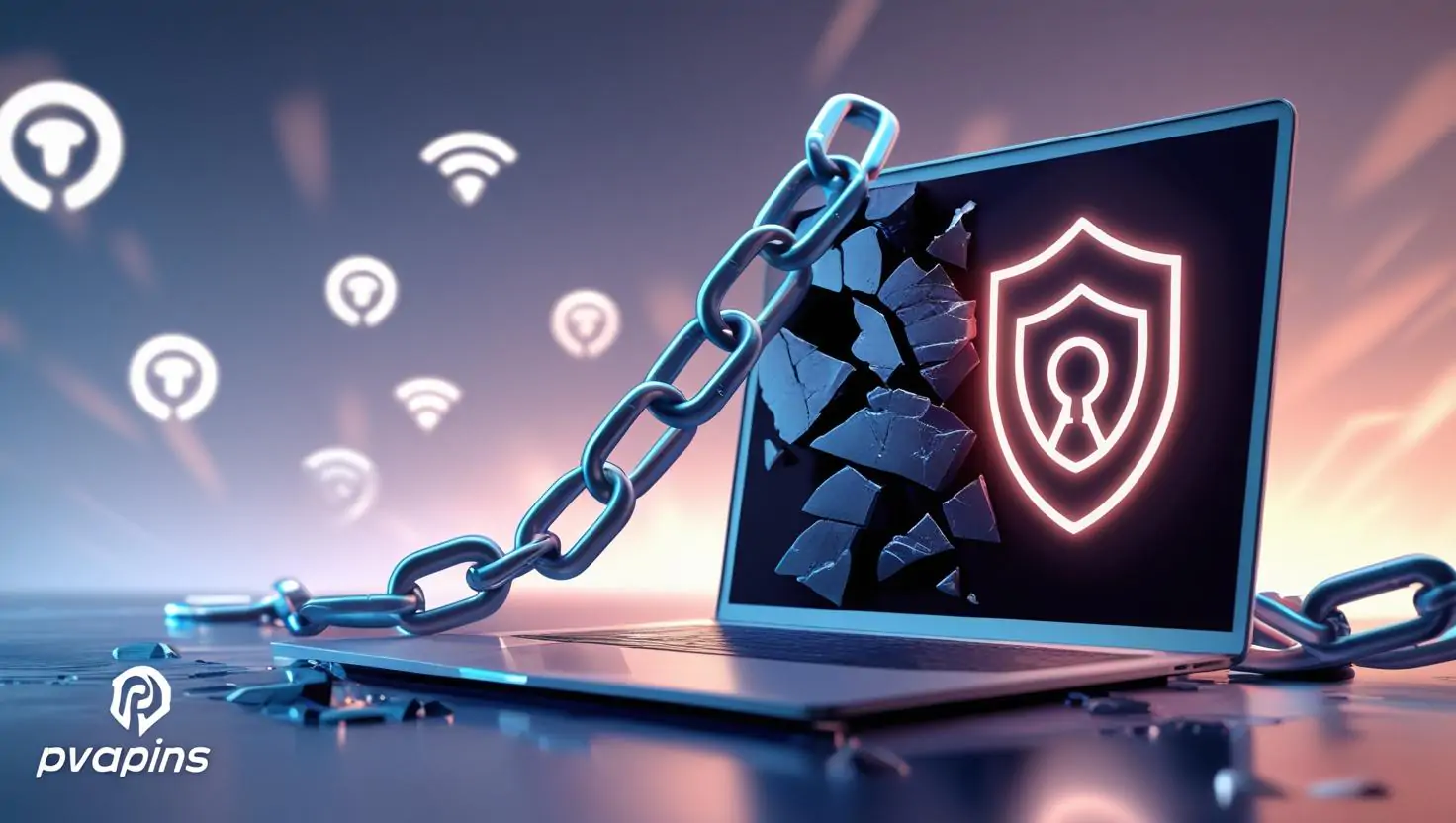 Discord Unblocked 2025 guide with VPN and PVAPins logo on laptop screen illustration