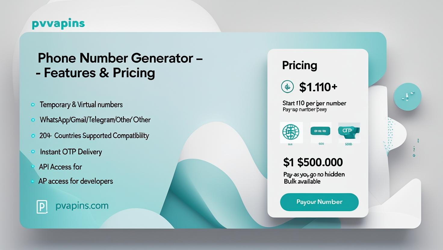 Features and pricing chart for PVAPins virtual phone numbers with global SMS verification.