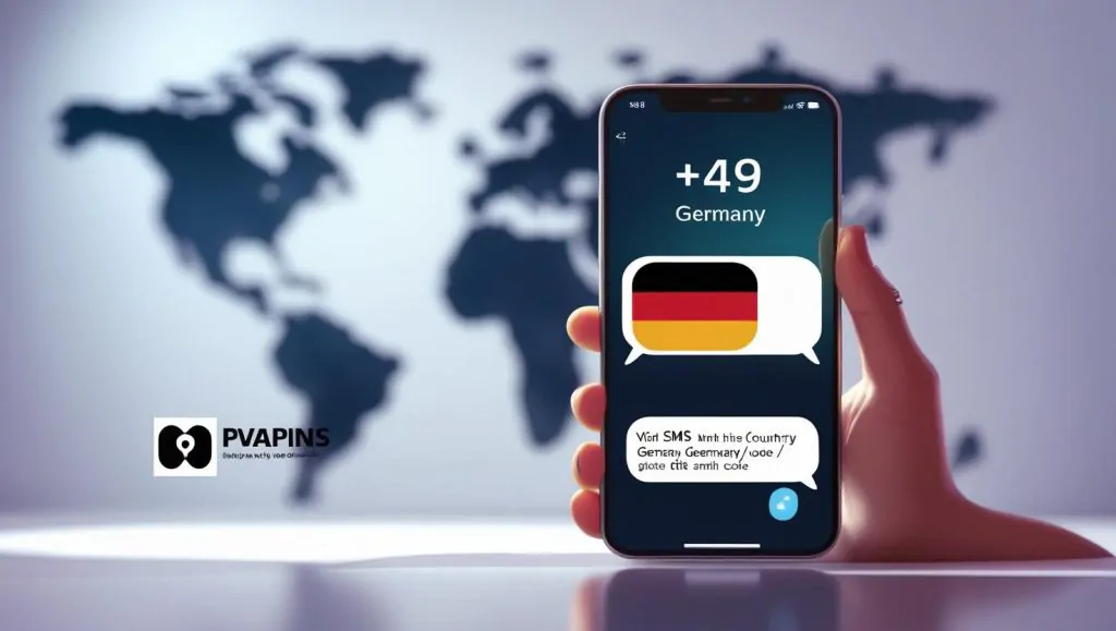 Flat illustration of +49 Germany country code with smartphone SMS and German flag