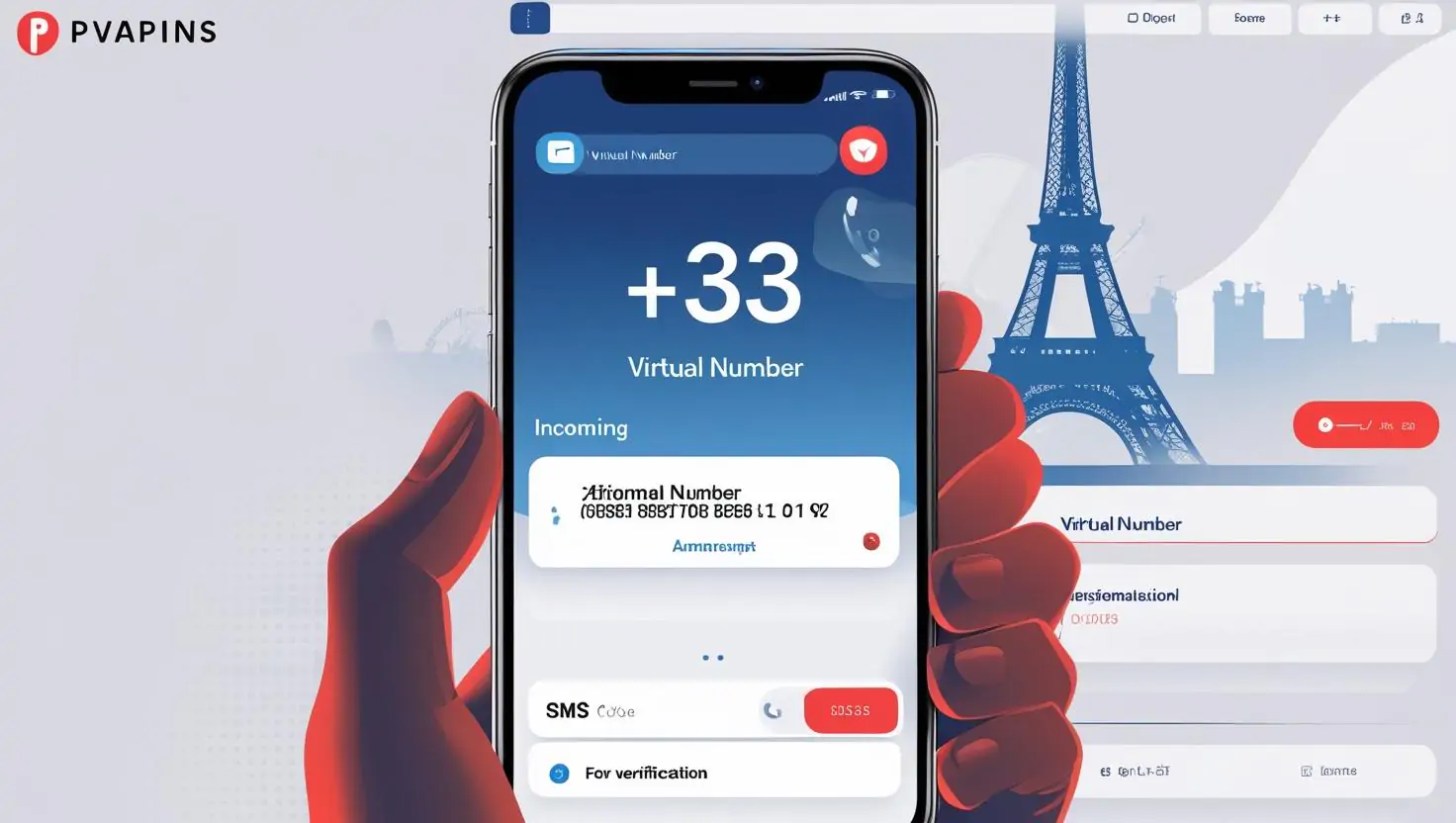 French virtual number with +33 code on smartphone screen and PVAPins