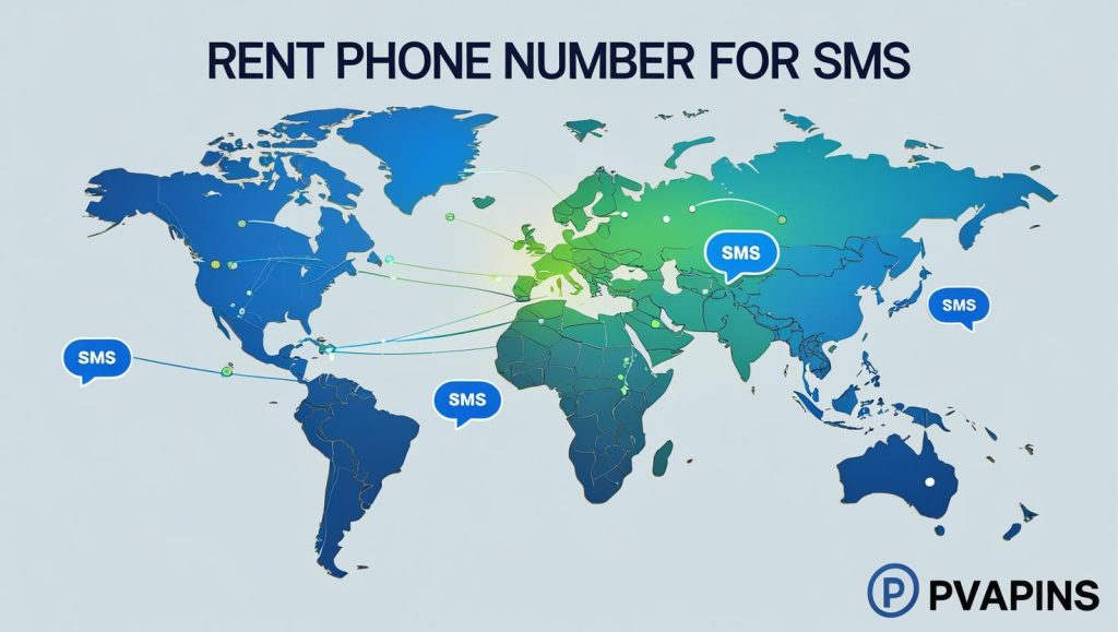 Global virtual SMS network illustration with “Rent Phone Number for SMS” text and PVAPins logo