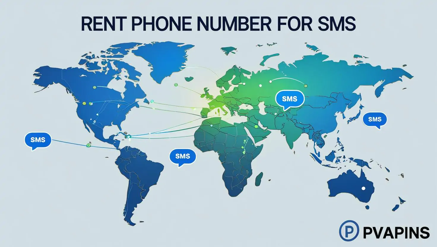 Global virtual SMS network illustration with “Rent Phone Number for SMS” text and PVAPins logo