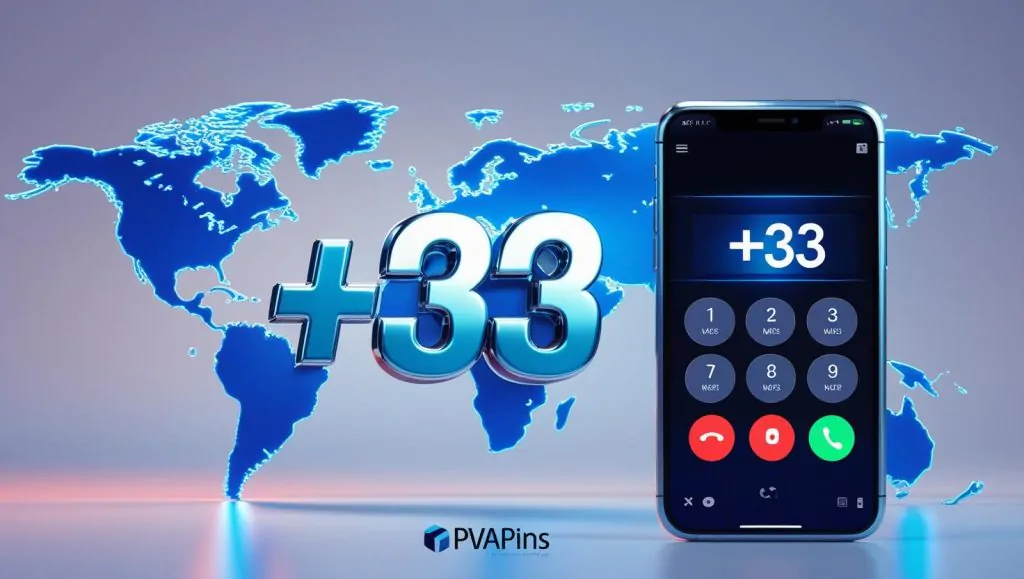 Illustration of France with +33 area code highlighted and PVAPins logo for virtual phone numbers.