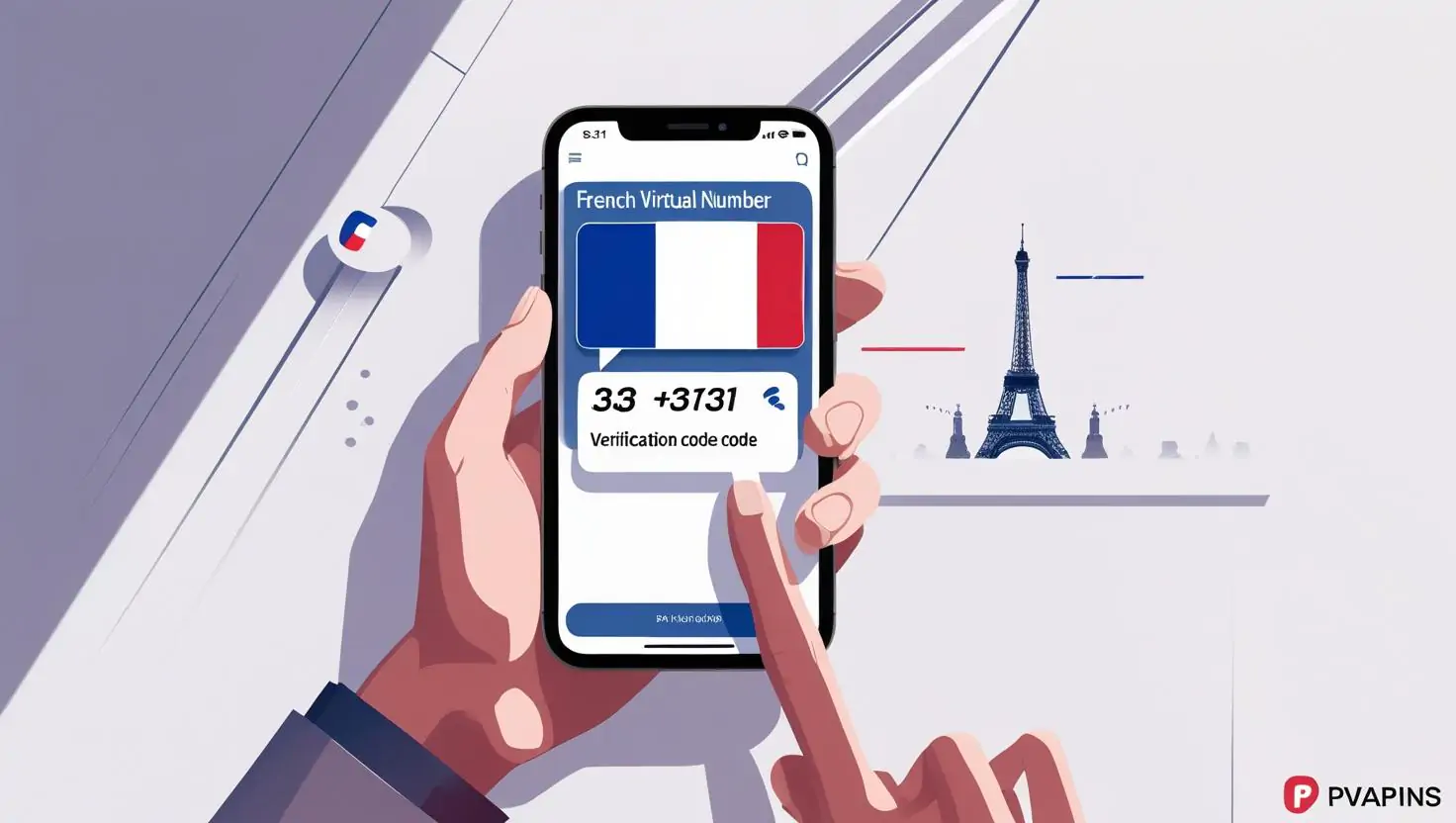 Illustration of French virtual phone number for SMS and business calls with PVAPins branding