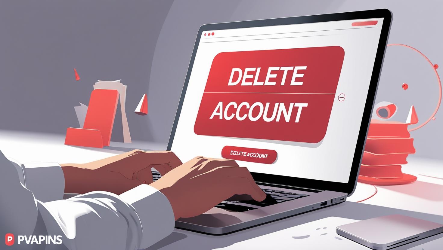 Illustration of online account deletion process with PVAPins branding