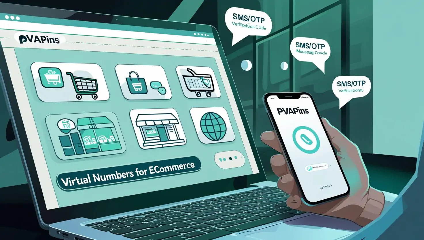 Illustration of online shopping icons with SMS code bubbles representing virtual numbers for business