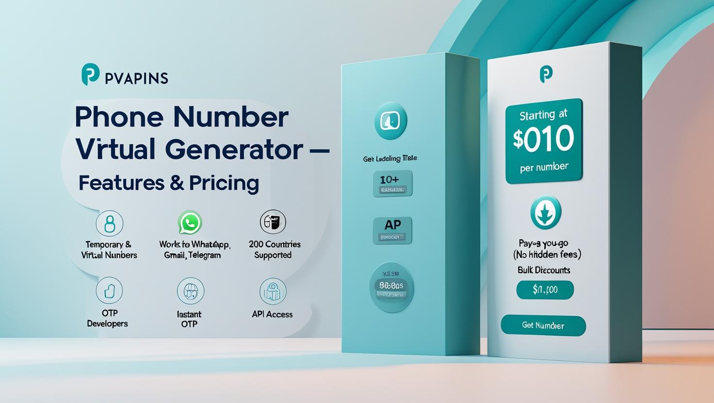 Infographic showing PVAPins Phone Number Generator features and pricing for virtual and temporary numbers.