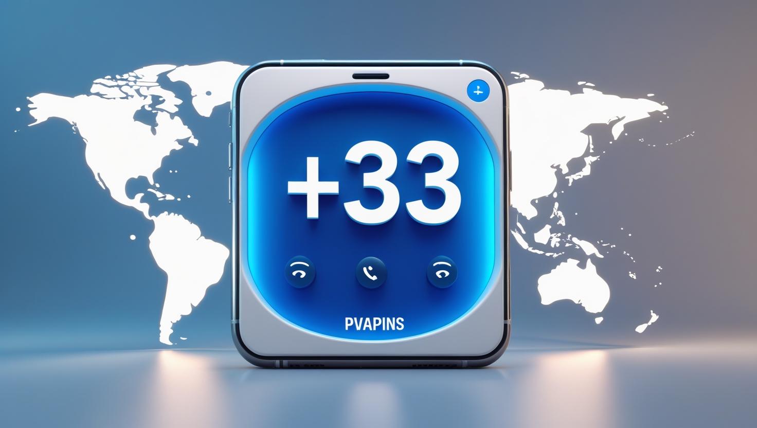 Infographic world map highlighting France’s +33 dialing code with PVAPins logo for SMS verification.