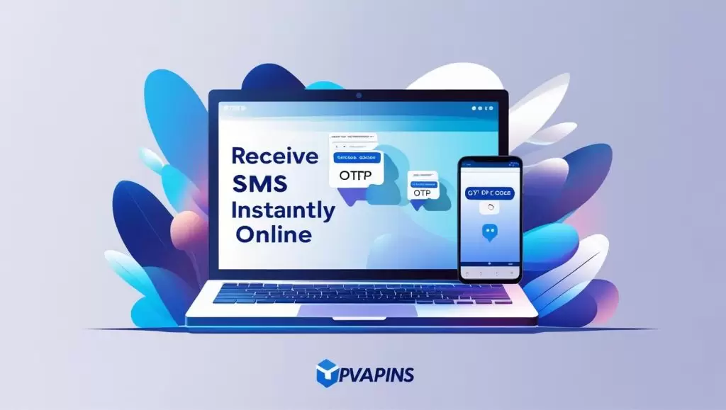 Laptop screen with PVAPins dashboard showing instant OTP codes – Receive SMS instantly online.