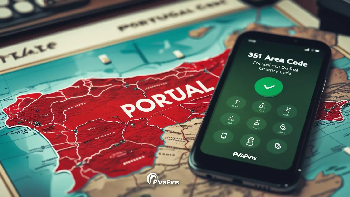 Map of Portugal with +351 country code and PVAPins logo for online SMS and call verification