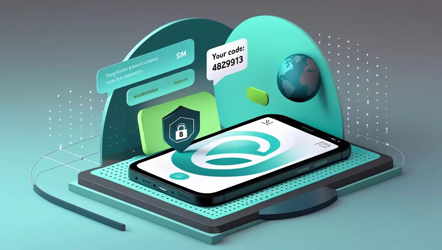 Minimal vector of phone and chat bubbles delivering OTP; lock and map cues for privacy and global reach—virtual number for SMS by PVAPins.