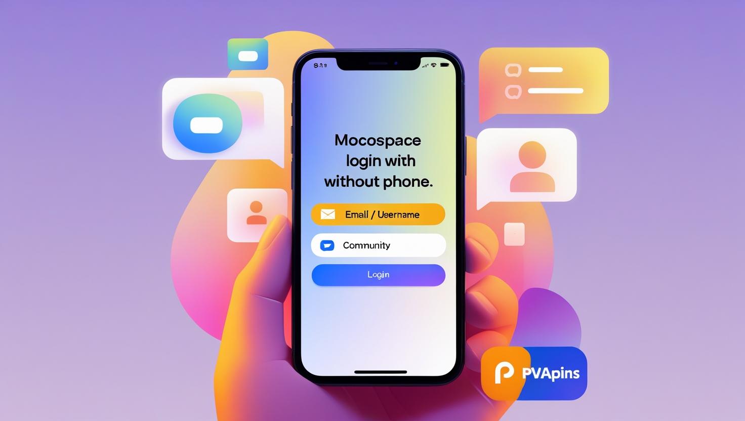 Mocospace login screen without phone verification, PVAPins logo in corner