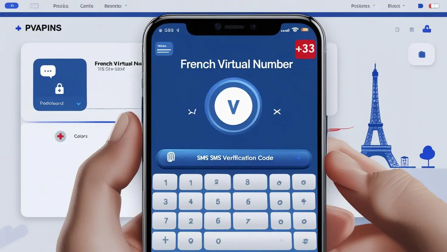 PVAPins dashboard showing French number and SMS OTP verification code
