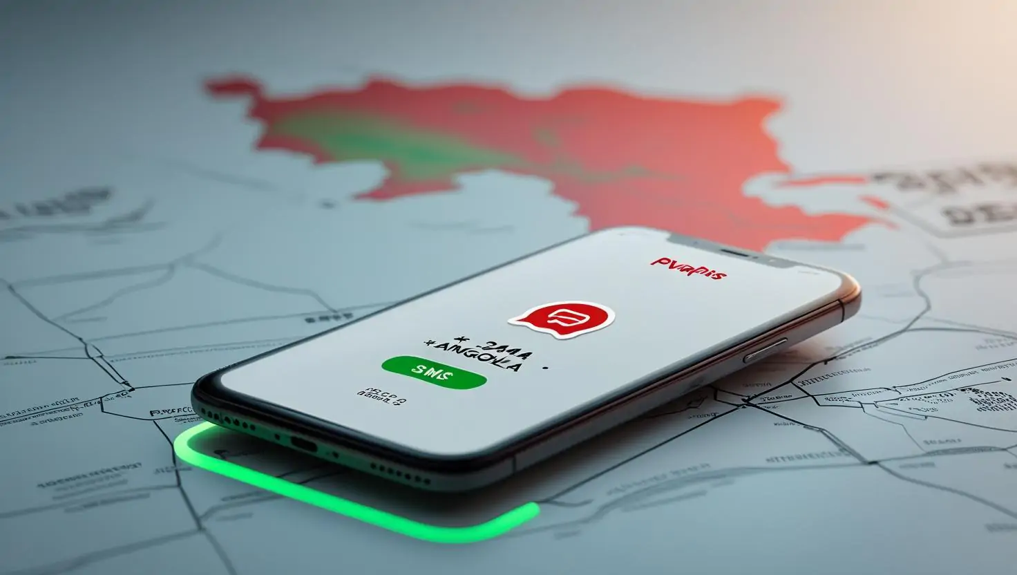 Phone with OTP from +244 Angola, PVAPins logo, Angola map background