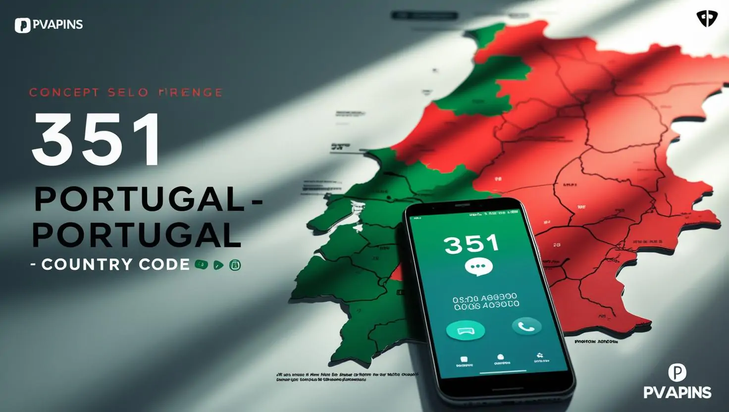 Portugal +351 dialing code with smartphone showing OTP SMS verification powered by PVAPins