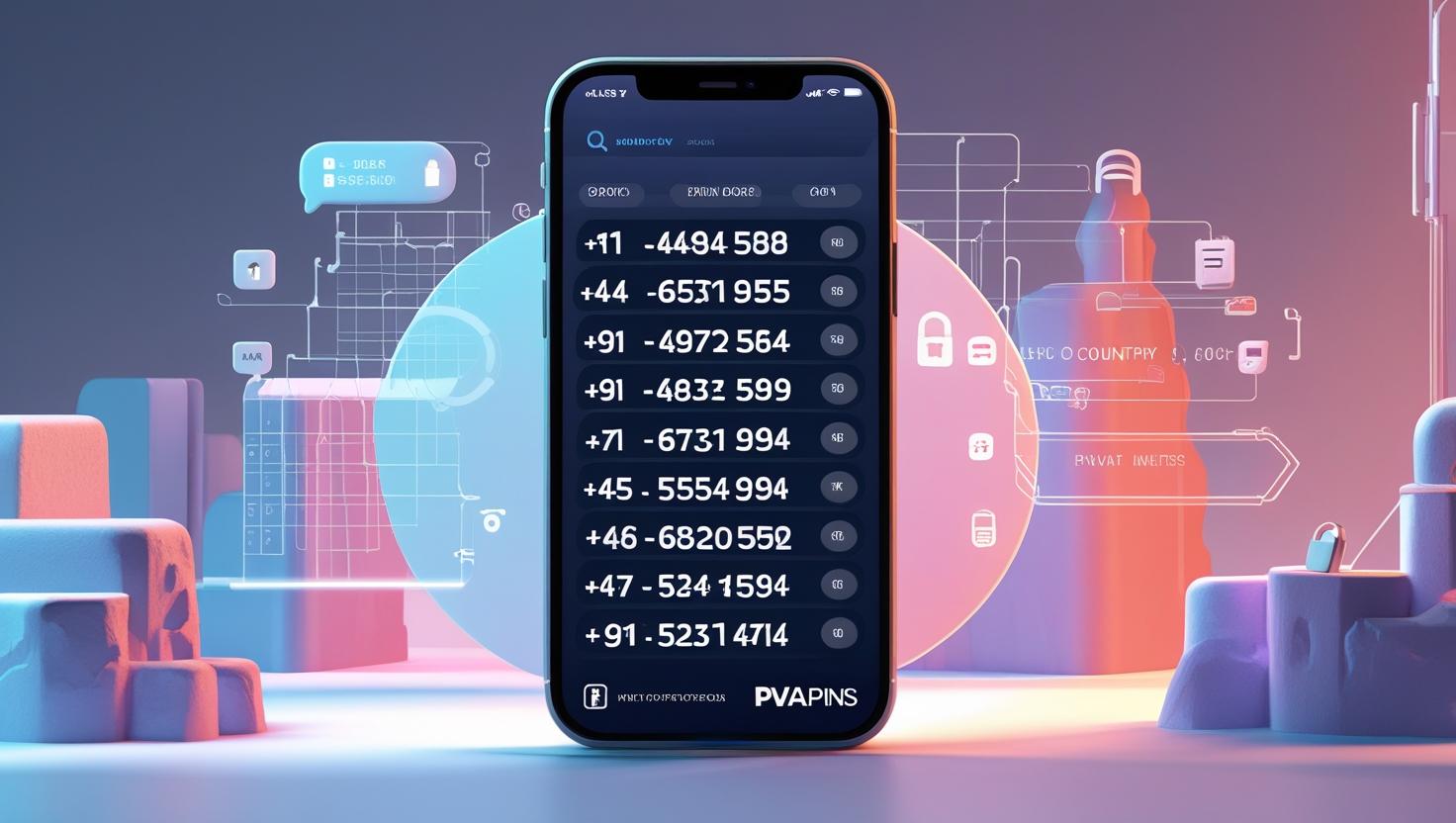Smartphone screen displaying generated virtual numbers for SMS verification with PVAPins logo.