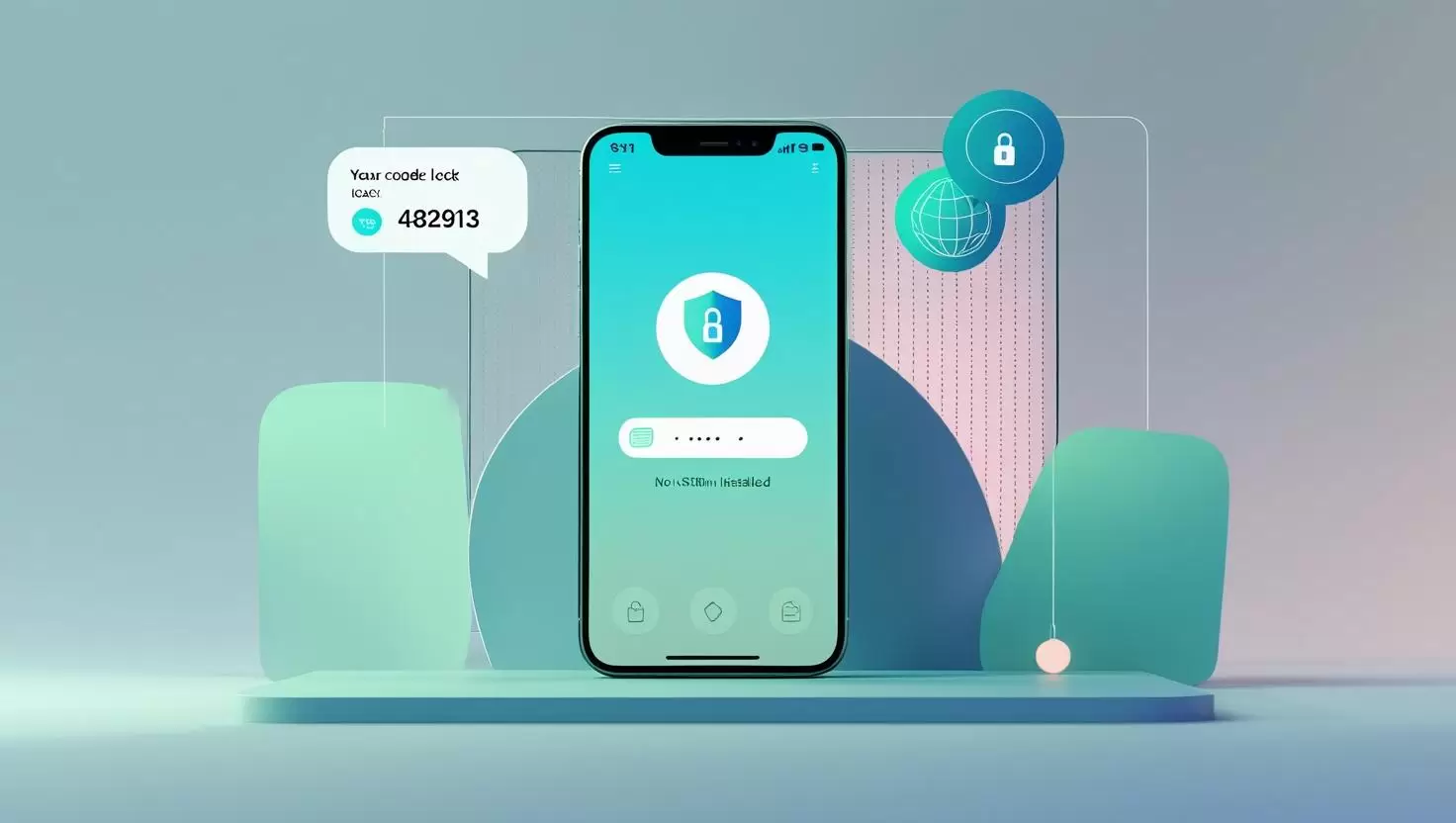 Smartphone screen showing a 6-digit OTP via SMS with privacy shield and globe icons—secure, worldwide SMS verification using PVAPins.