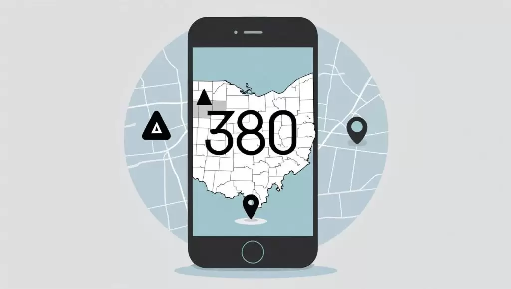 Smartphone showing 380 area code call with Ohio map background – PVAPins