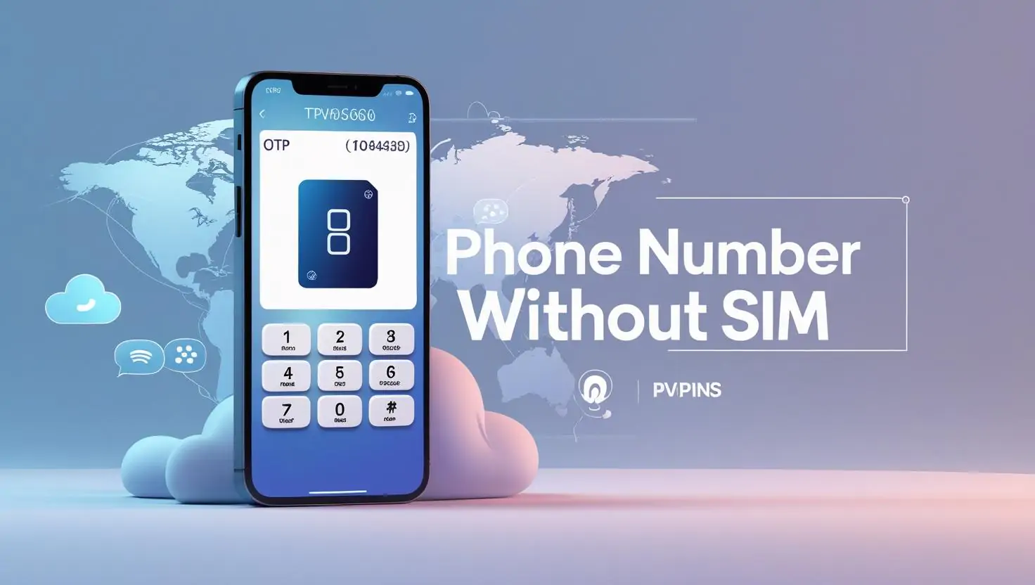 Smartphone showing a virtual phone number app with OTP code, text overlay “Phone Number Without SIM,” and PVAPins logo.