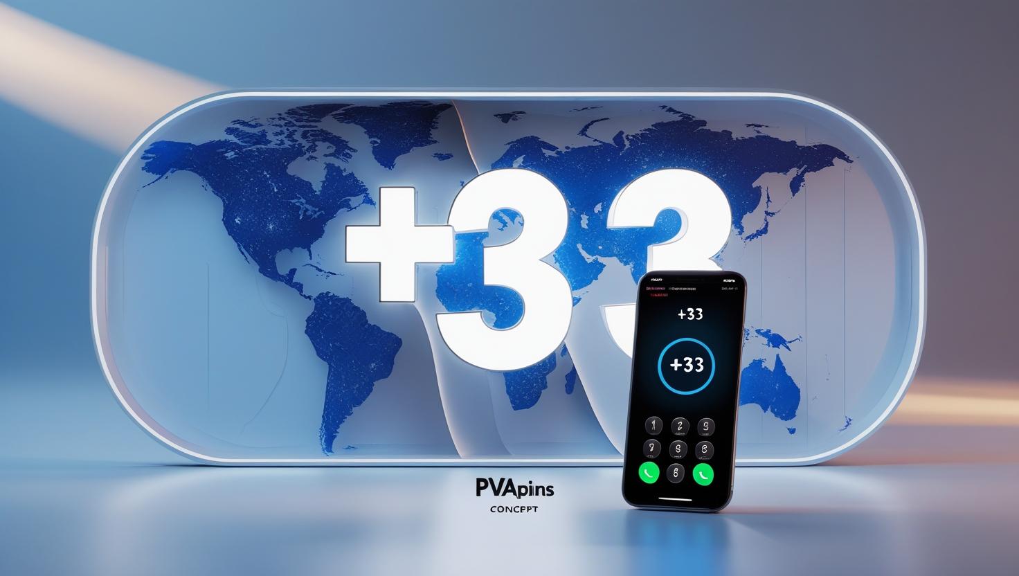 Smartphone showing incoming call with +33 France country code and PVAPins branding.
