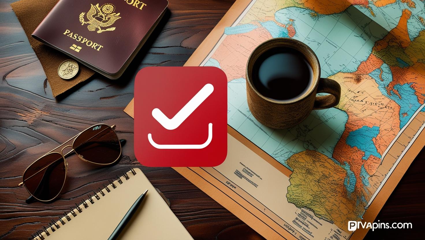 Travel essentials with a “skip” icon for Airbnb phone verification and PVAPins.com logo