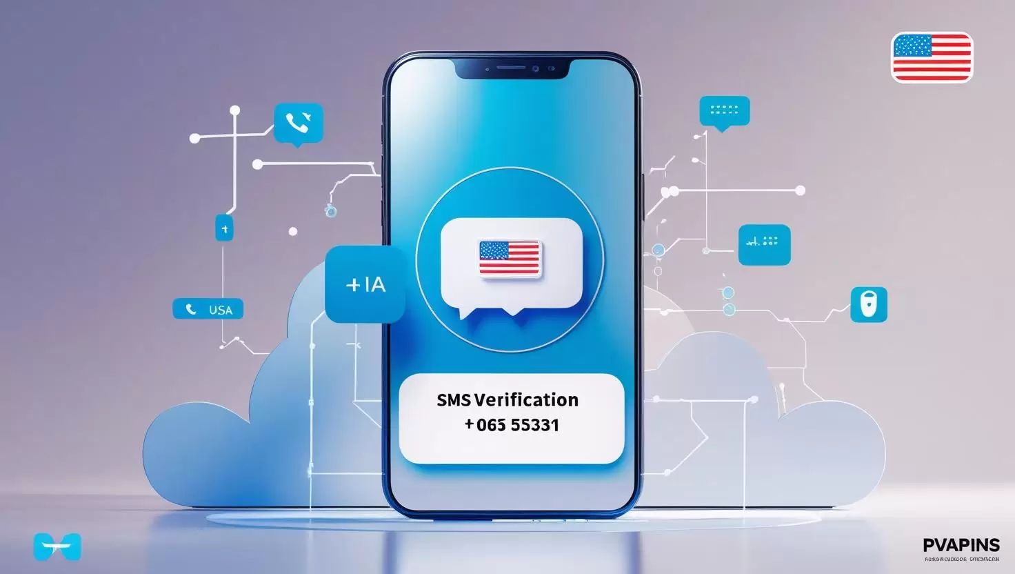 US virtual phone number for SMS verification on PVAPins — mobile screen with OTP code and USA flag icon.