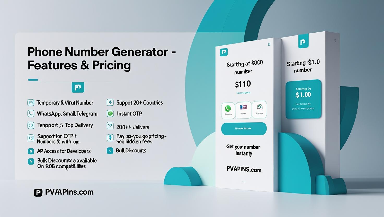PVAPins phone number generator highlights — instant OTP, 200+ countries, and affordable pricing.