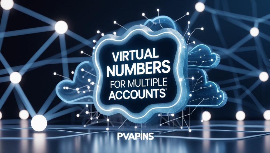 Virtual Numbers for Multiple Accounts illustration with cloud connections and PVAPins logo.