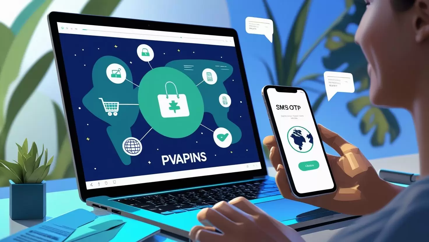 Virtual numbers for eCommerce with OTP verification on laptop and phone – PVAPins branding