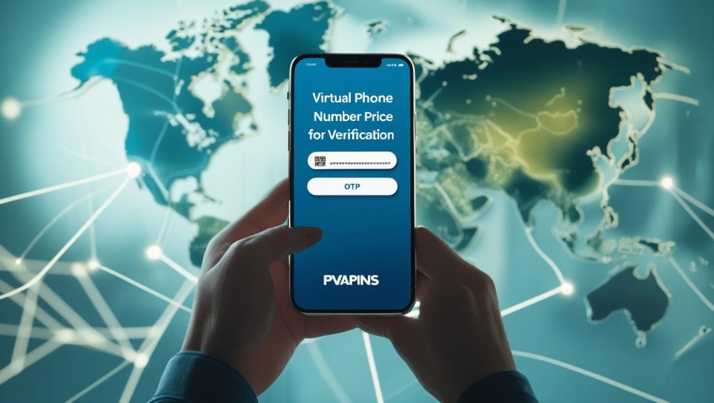 Virtual phone number price for verification with PVAPins – SMS OTP code on smartphone illustration.