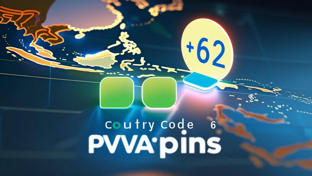 World map highlighting Indonesia with +62 dialing code and PVAPins branding