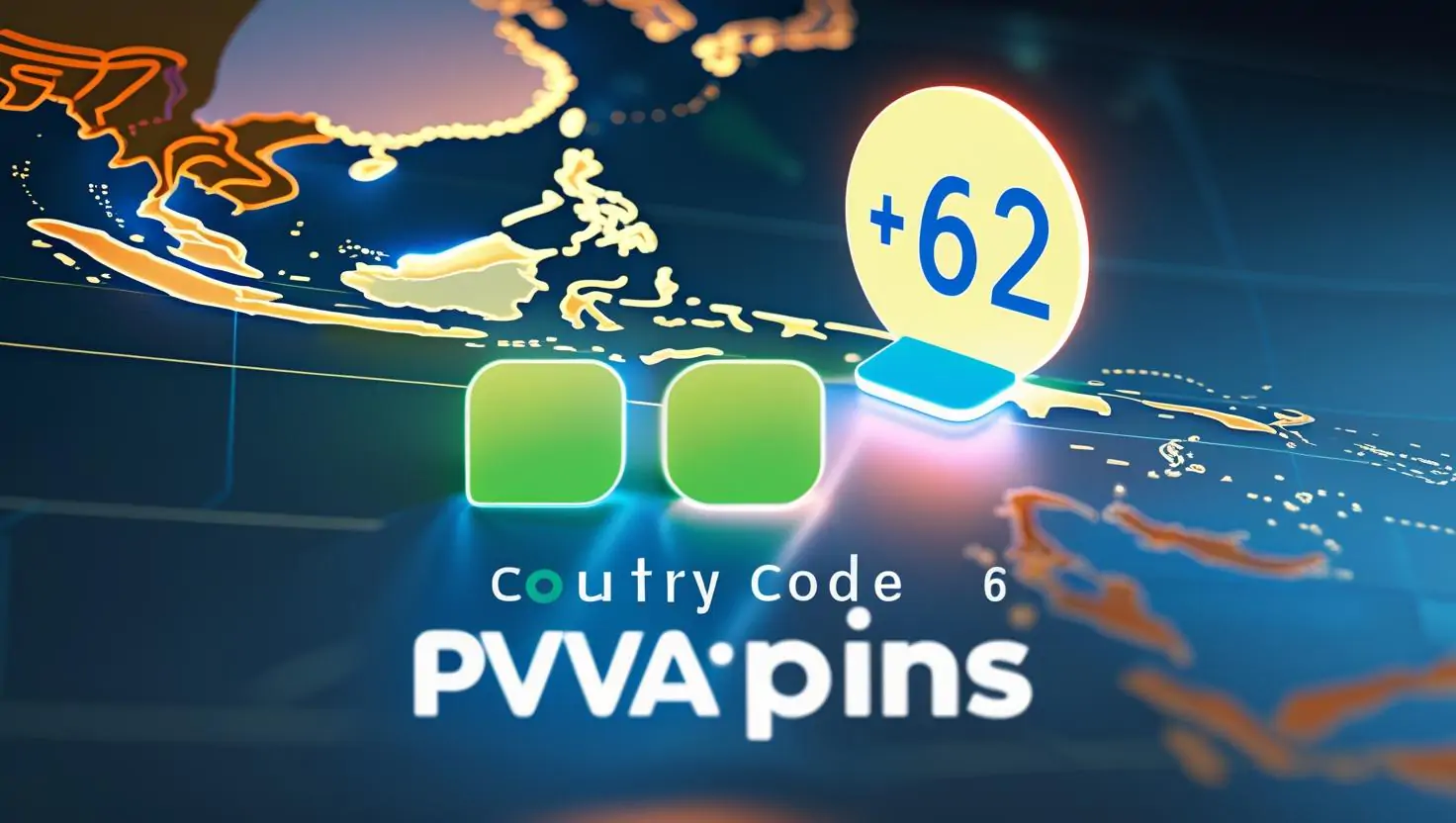 World map highlighting Indonesia with +62 dialing code and PVAPins branding