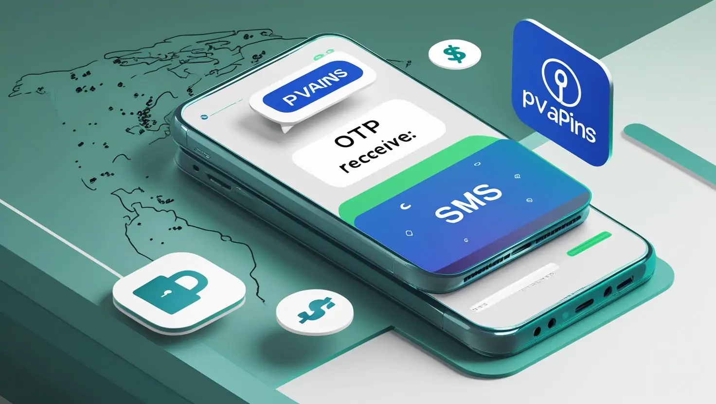 Flat-style phone screen showing SMS verification code, world map background, security lock and dollar icons, PVAPins feature image.