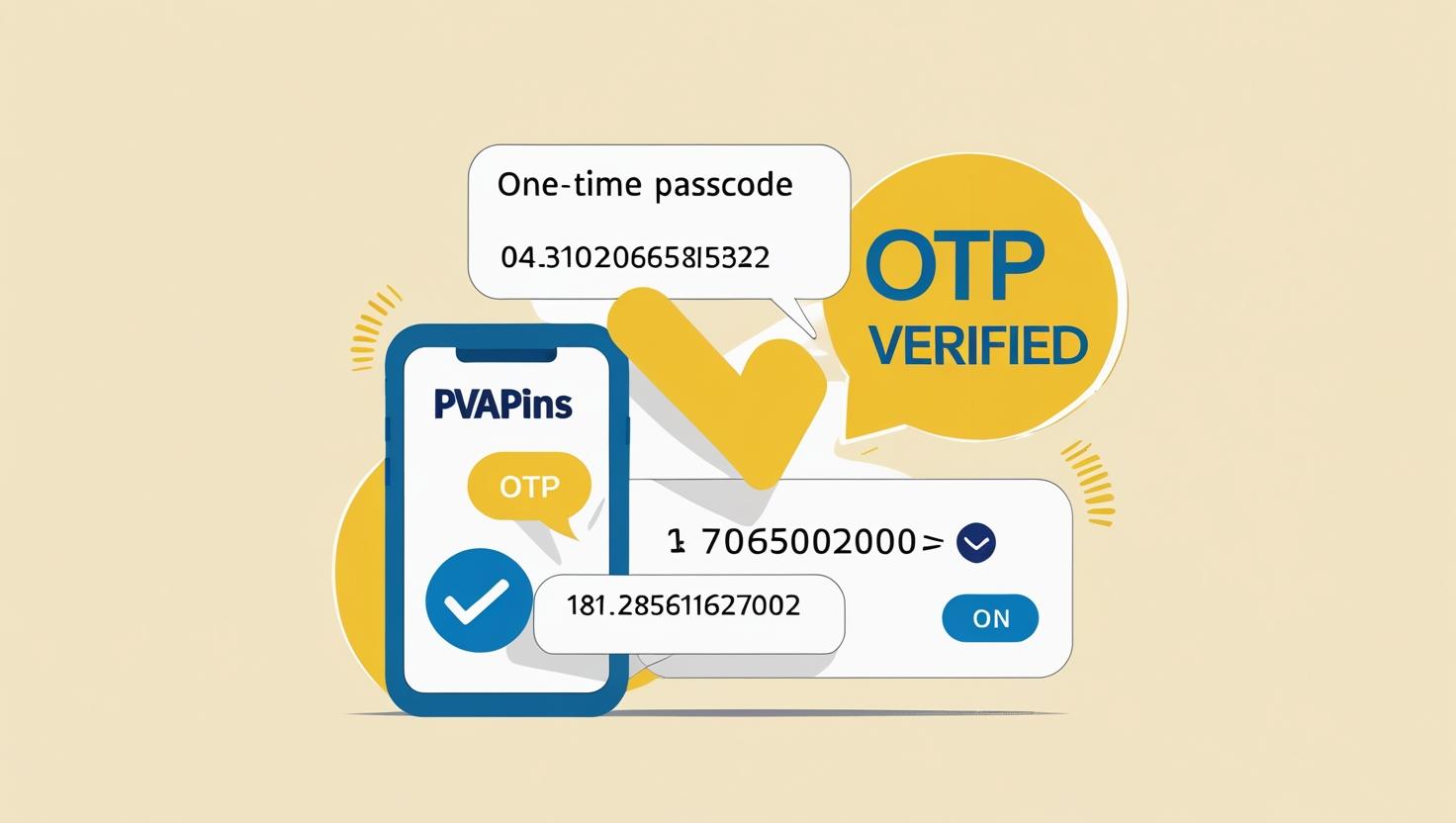 PVAPins logo with SMS verification code and OTP checkmark