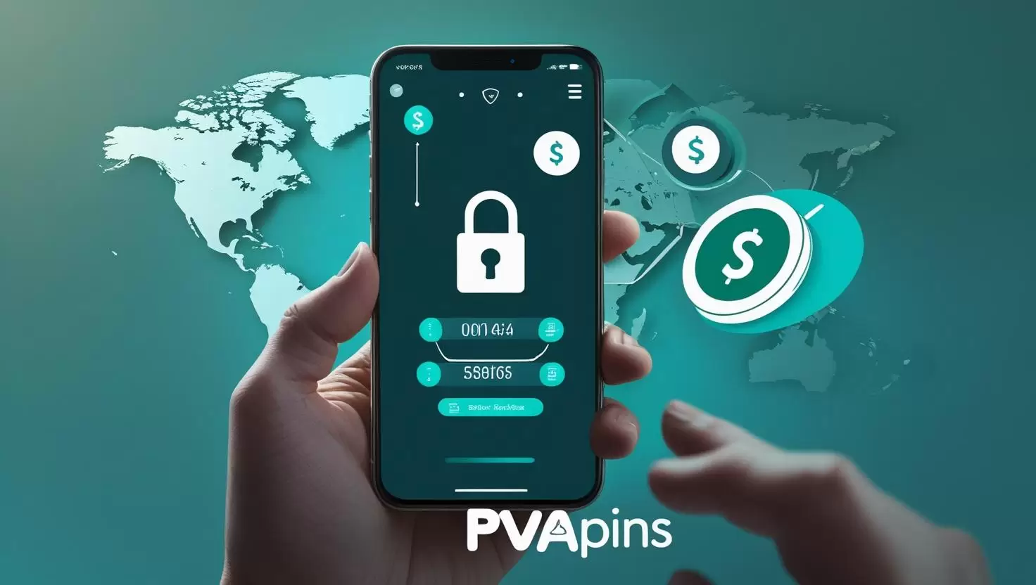 Smartphone receiving OTP code with global coverage icons and PVAPins branding — Free SMS Verification Service illustration.