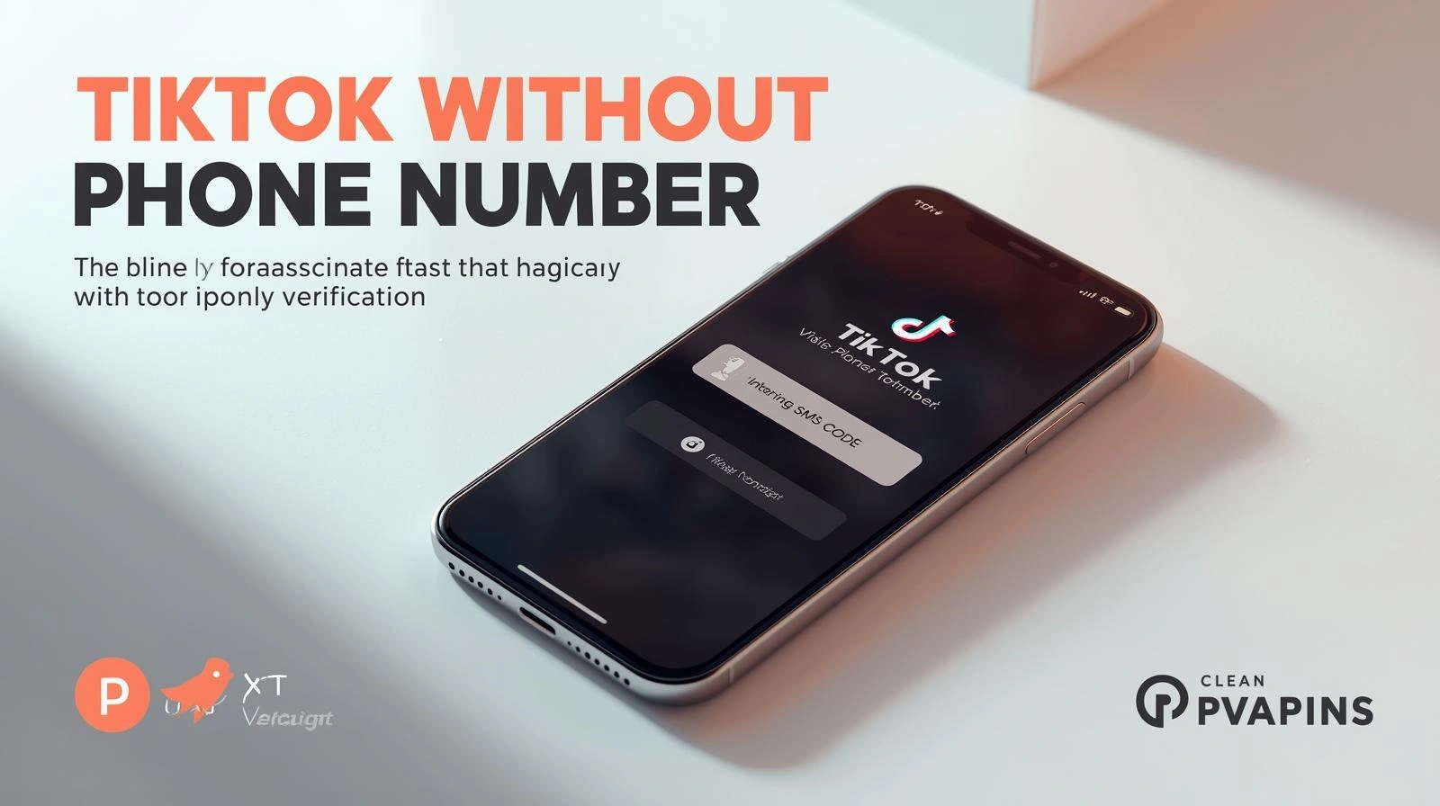 Illustrated flow showing TikTok signup, a virtual phone number from PVAPins, and an SMS OTP being entered for verification.