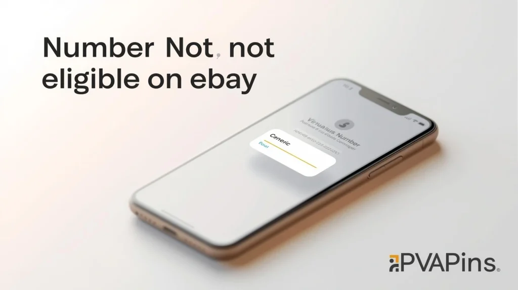 Illustration of eBay account verification with a phone number, checkmark, and troubleshooting icons.