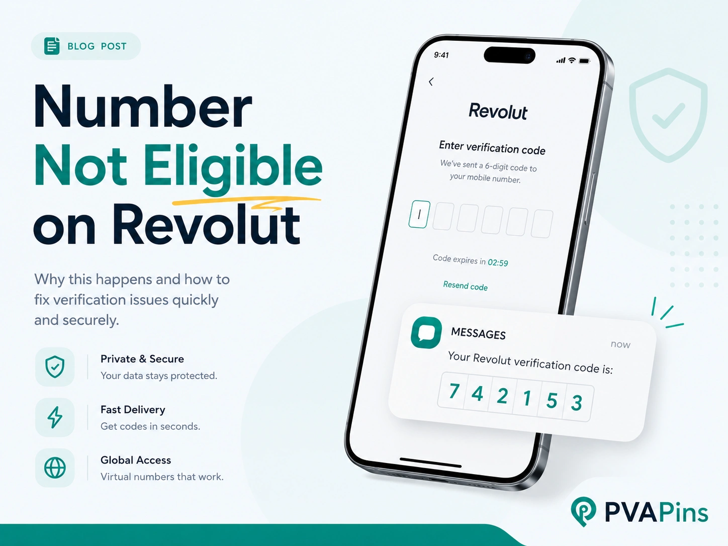Minimal tech banner for fixing number not eligible on Revolut with PVAPins branding