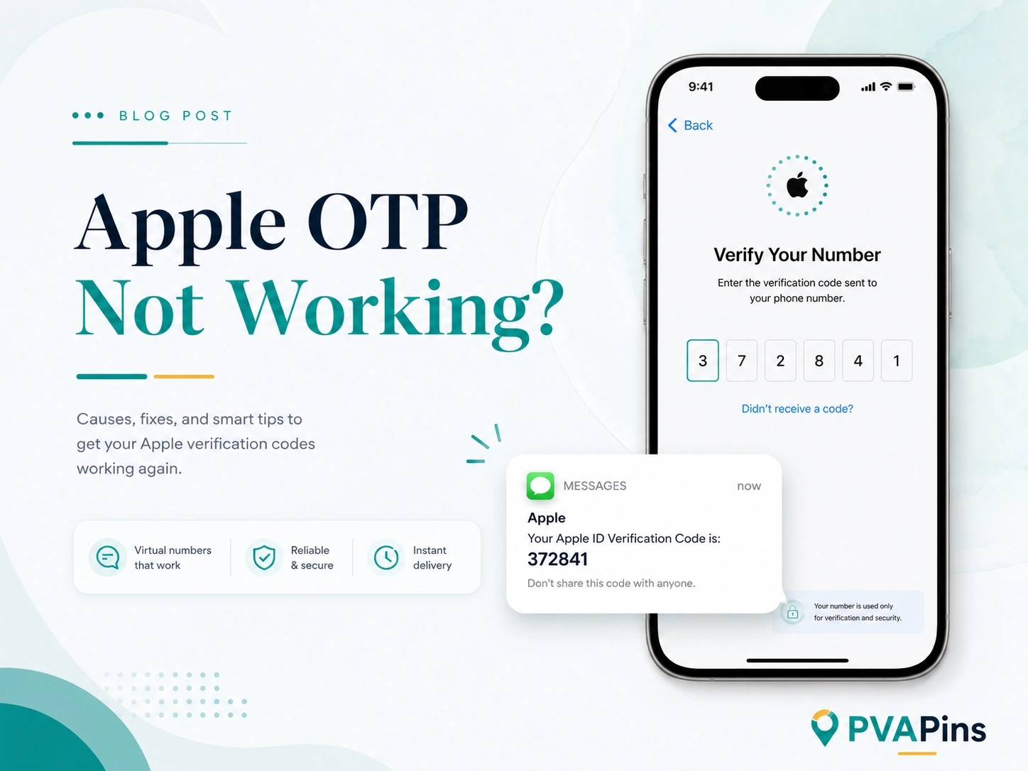 Apple OTP not working banner with phone verification screen and SMS code alert