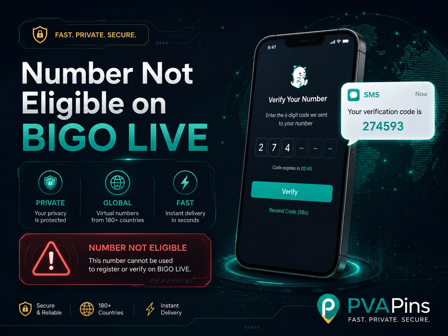 BIGO LIVE number not eligible error illustration with virtual phone verification UI, warning alert, and PVAPins branding.