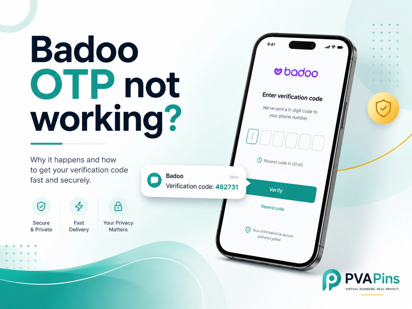 Badoo login verification page on a mobile phone showing an OTP code not received error message.