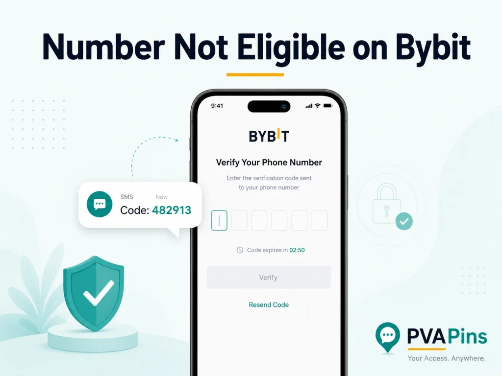 Bybit OTP troubleshooting illustration featuring virtual phone number verification, SMS code alert, and clean security design