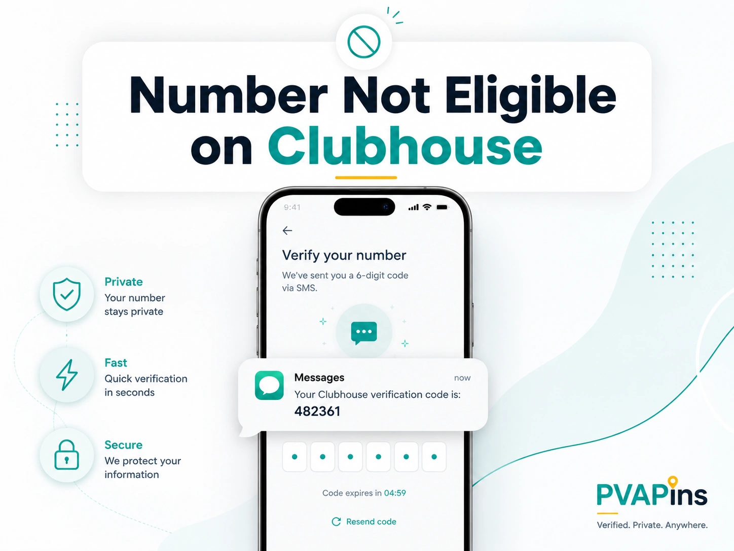 Clubhouse login issue banner with SMS code and virtual number verification