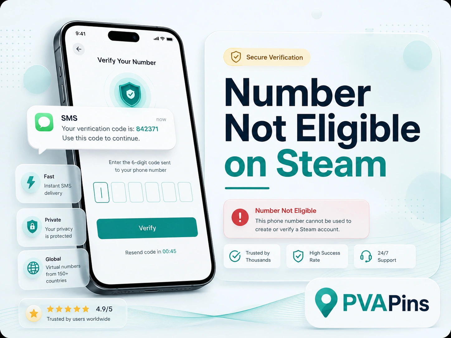 Smartphone displaying Steam SMS verification issue with OTP code bubble