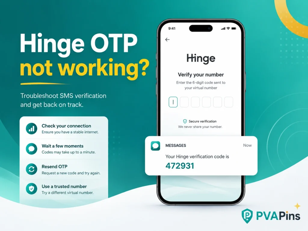 Smartphone screen showing Hinge OTP verification code not received error and troubleshooting prompt.