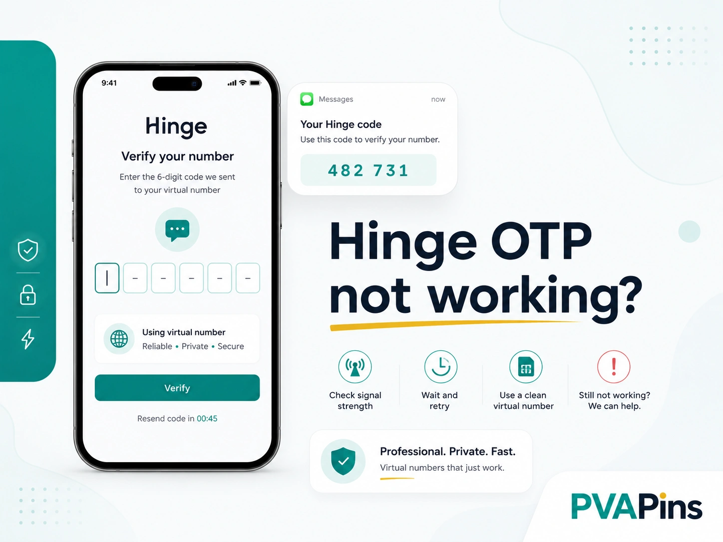 Hinge login verification screen with missing OTP message and quick fix guidance.