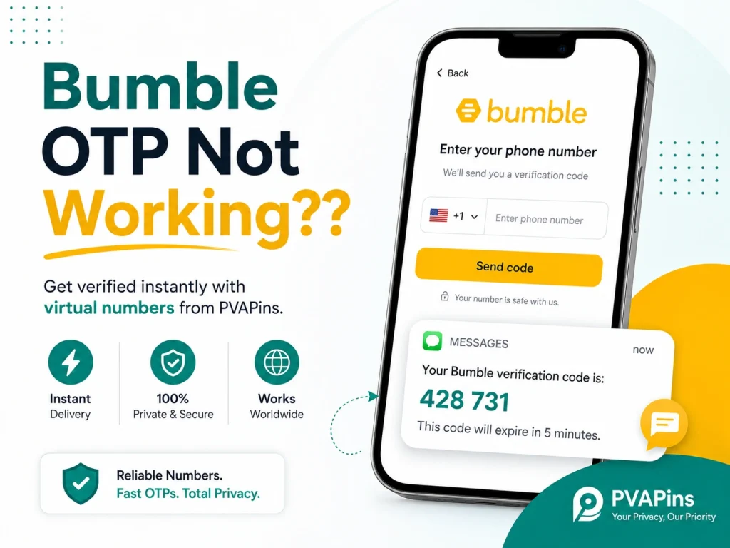 Bumble OTP not working screen on a smartphone with a delayed verification code message