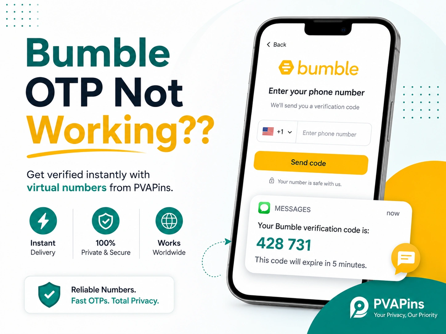 Bumble OTP not working screen on a smartphone with a delayed verification code message
