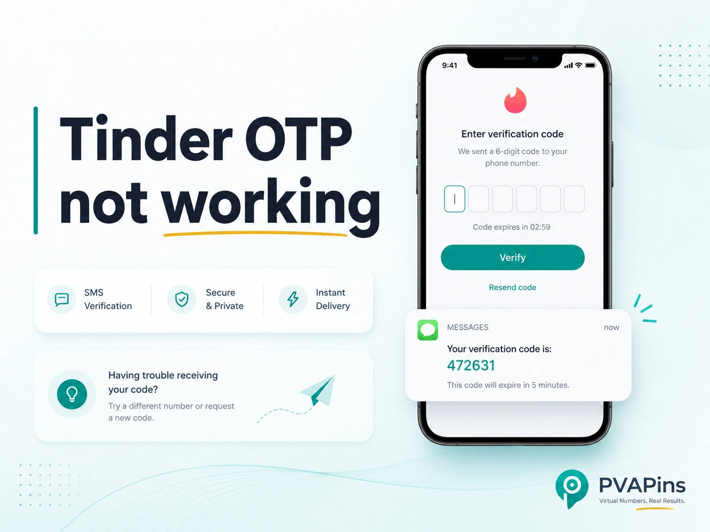 Tinder SMS verification problem with phone displaying OTP resend and account login options.